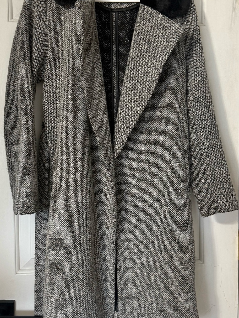 Everly Gray Tweed Long Trench Coat with Black Collar
